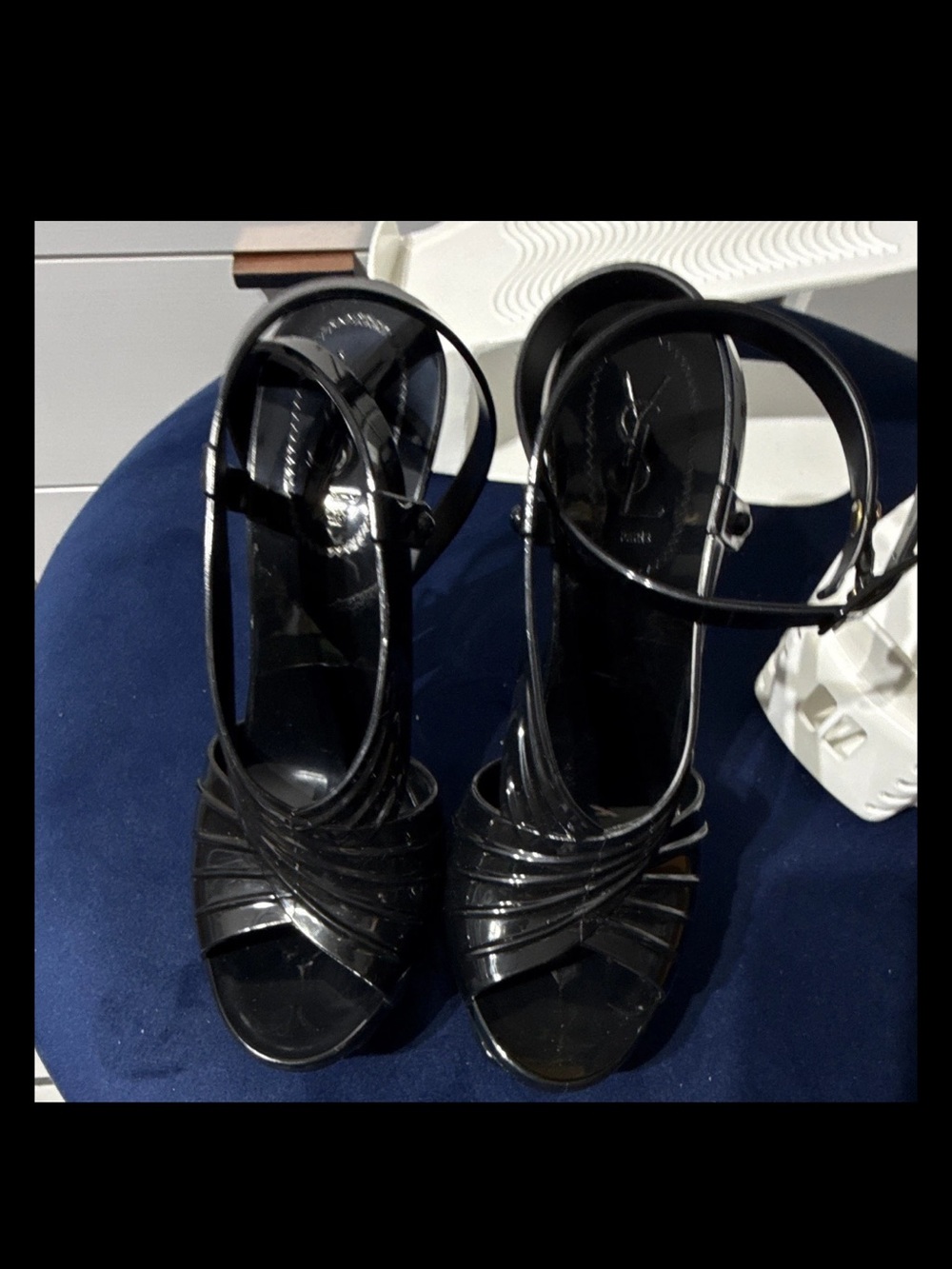 Yves Saint Laurent Black Rubber Strappy Ankle-Heel Sandals